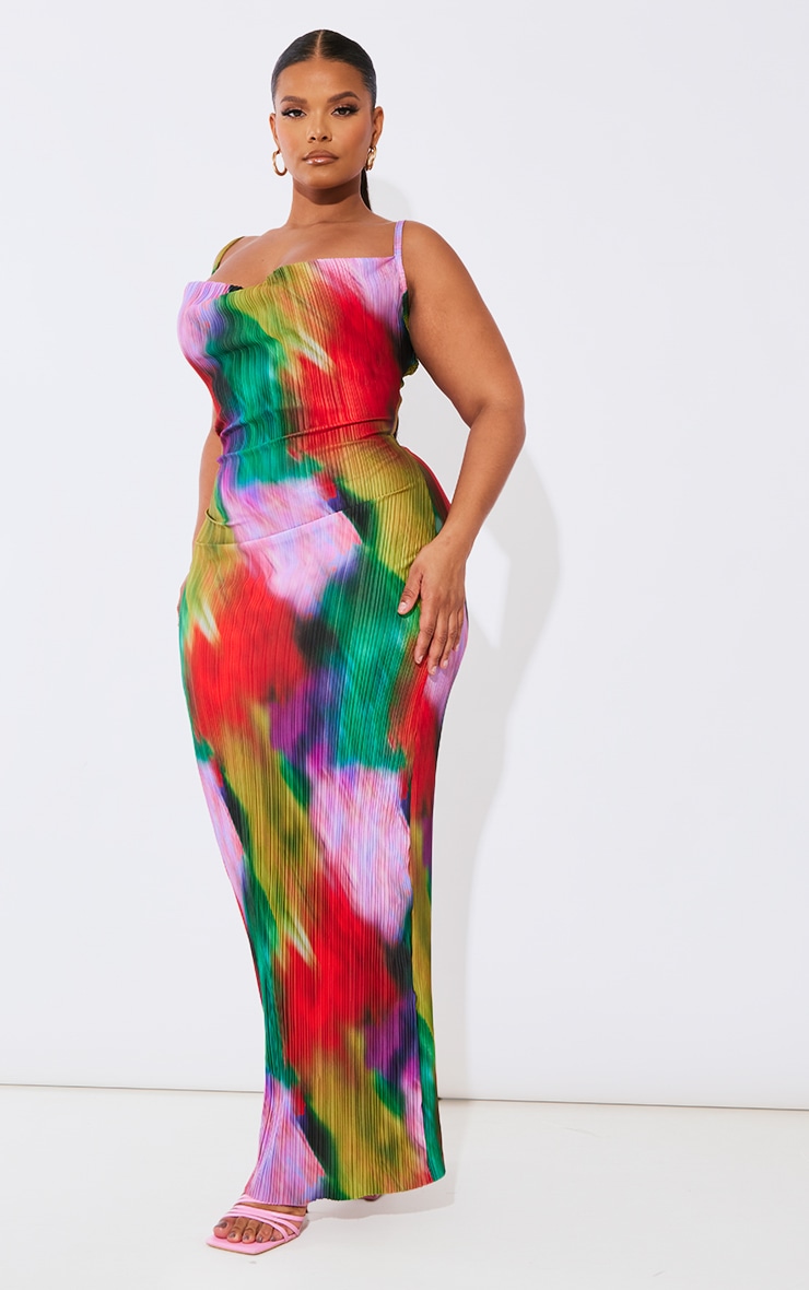 Plus Multi Printed Plisse Cowl Neck Maxi Dress image 3