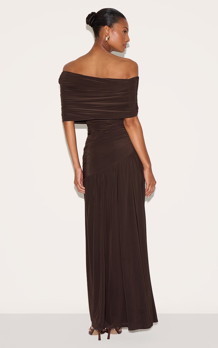 Chocolate Brown Double Layer Slinky Bardot One Shoulder Ruched Maxi Dress image 2