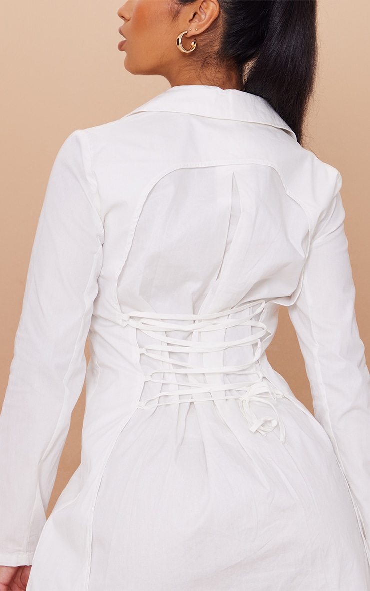 White Lace Up Back Detail Fitted Shirt Dress image 4