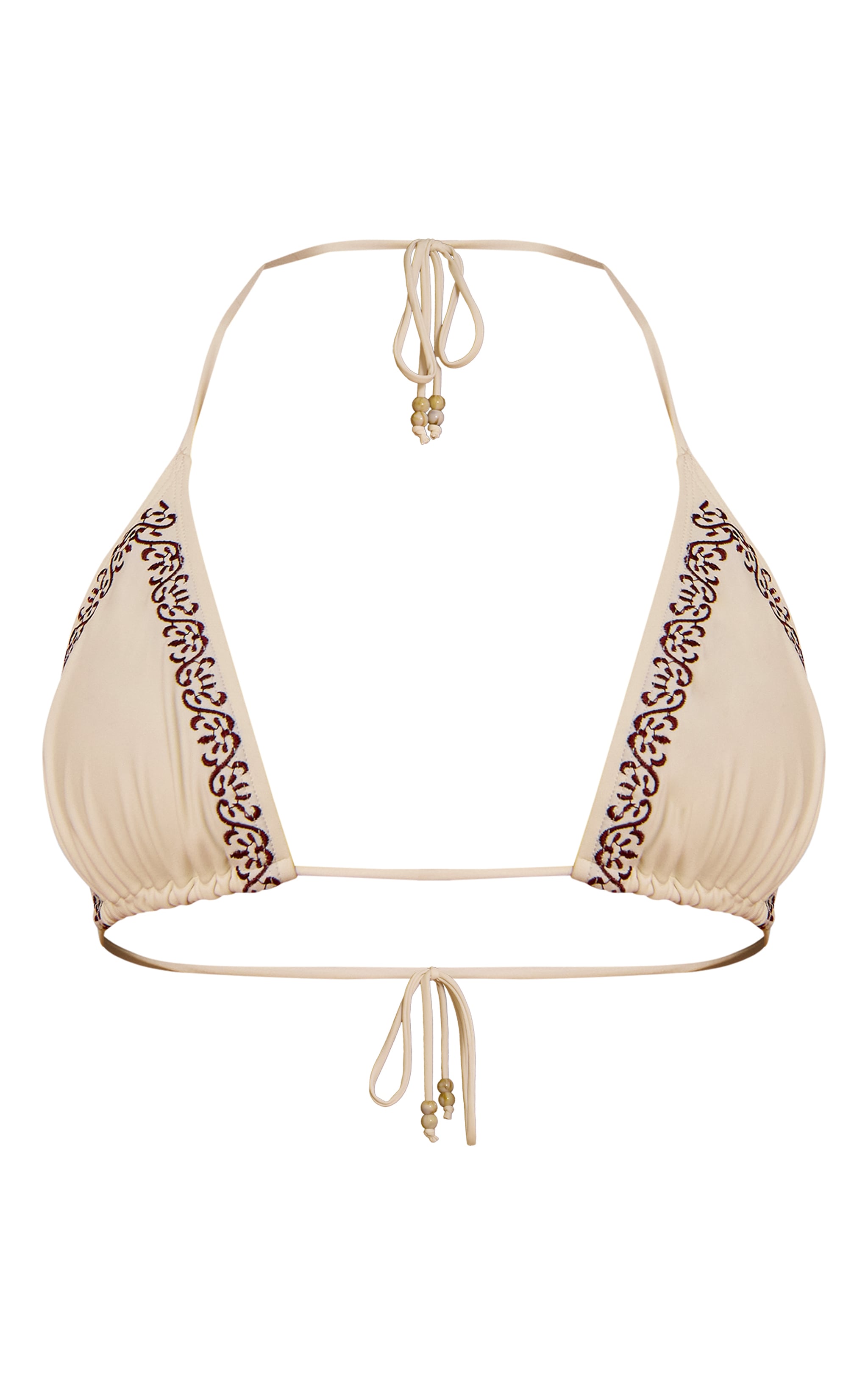 Cream Embroidered Bead Detail Triangle Bikini Top image 5
