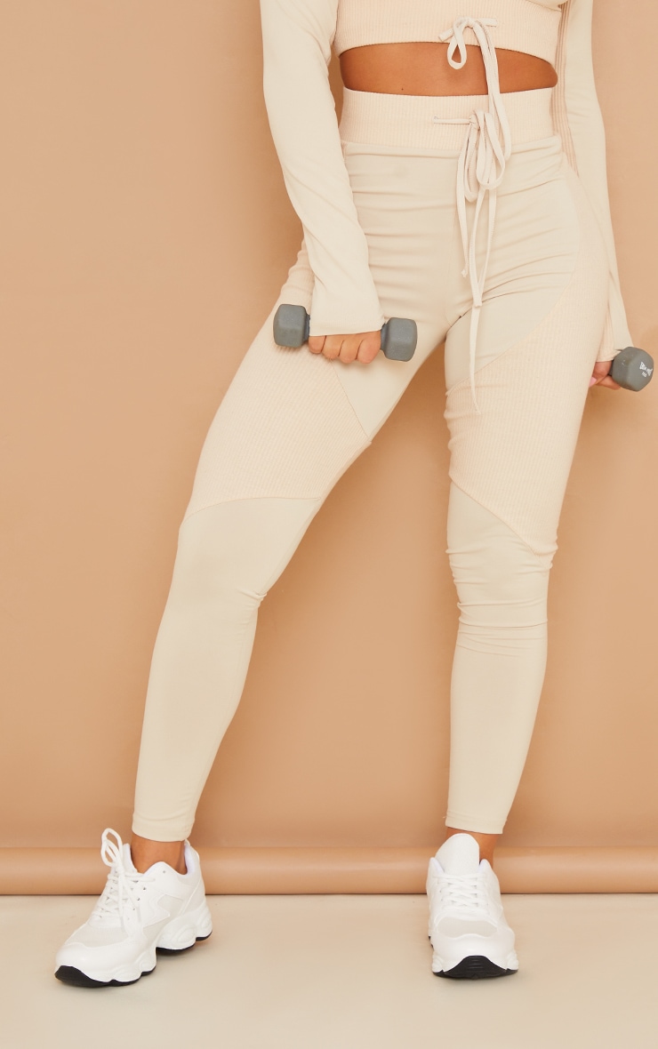 Oatmeal Rib Detail Tie Front High Waist Gym Legging image 2