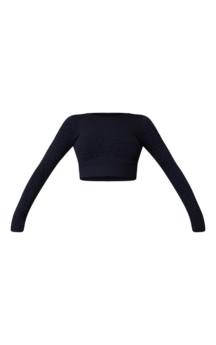 Black Croc Effect Seamless Cropped Long Sleeve Gym Top image 5