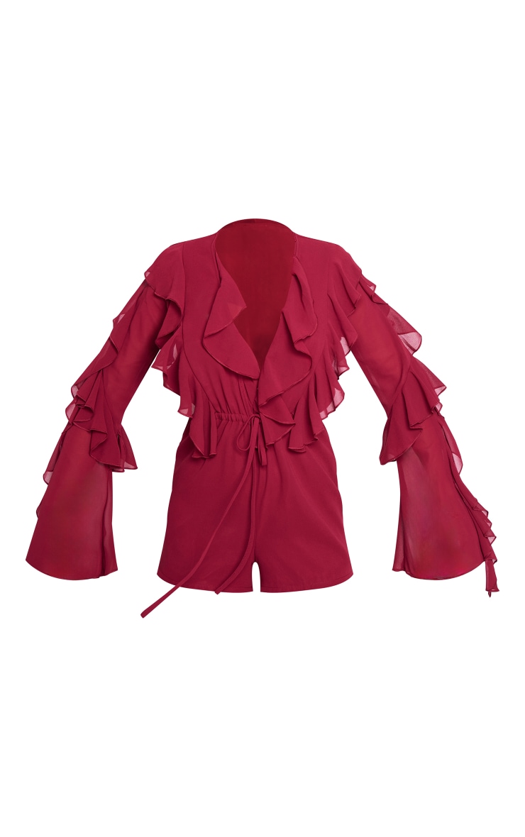 Cherry Red Ruffle Detail Long Sleeve Plunge Romper image 5