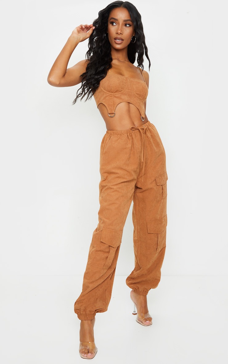 Rust Faux Suede Drawstring Waist Cargo Pants
