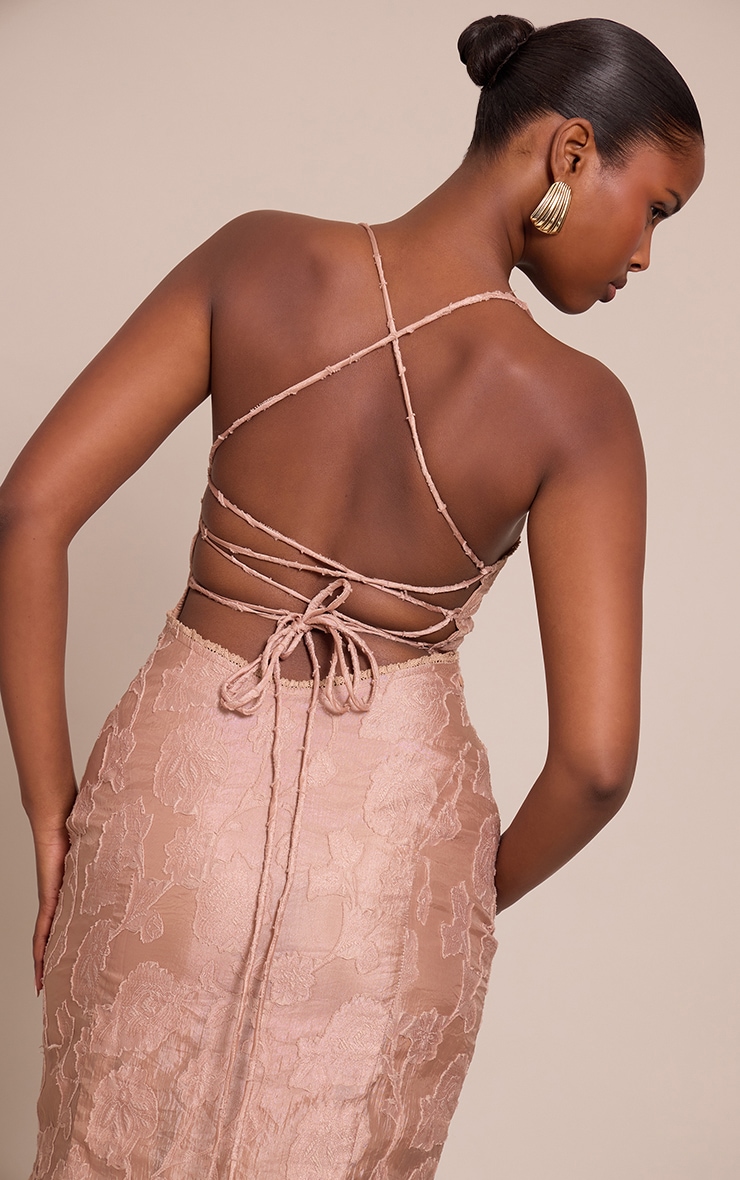 Taupe Textured Lace Up Back Maxi Dress image 4