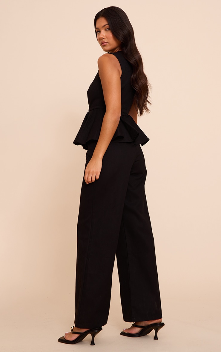 Black Cotton Peplum Detail Wide Leg Jumpsuit image 2