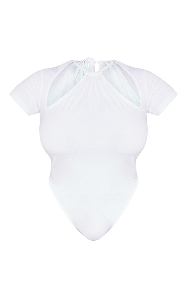 Plus White Cut Out Tie Neck Cap Sleeve Bodysuit PrettyLittleThing