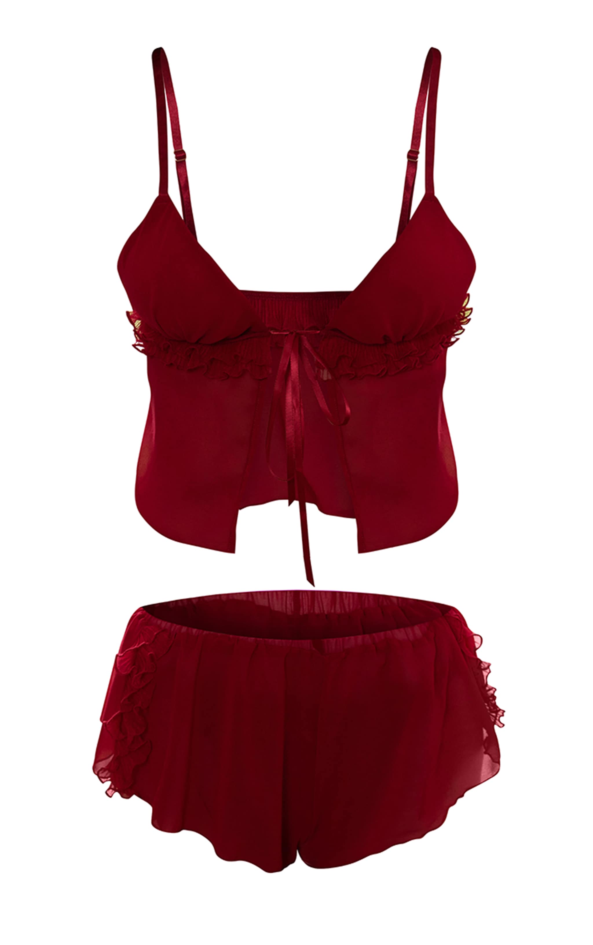 Red Tie Up Mesh Cami and Frill Short Set image 7