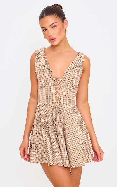 Cream Lace Up Check Shift Dress