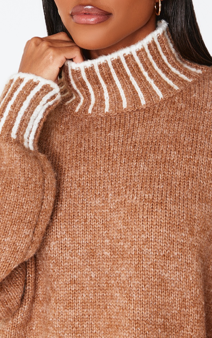 Mocha Contrast Stitch Knitted High Neck Oversized Sweater Dress image 4