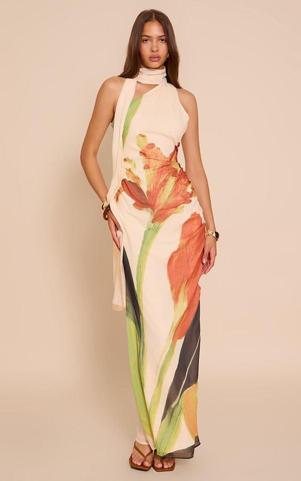 Cream Floral Print Chiffon High Neck Mxi Dress