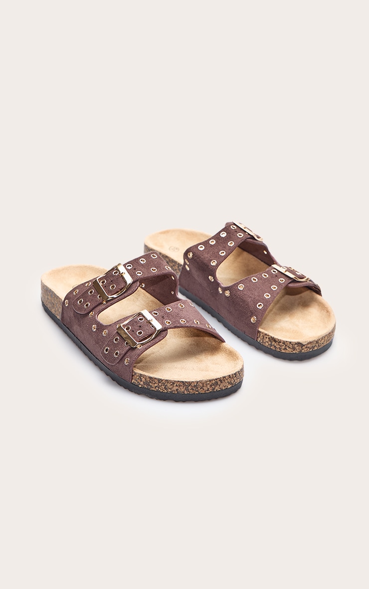 Brown Faux Suede Double Buckle Eyelet Footbed Sandals image 2