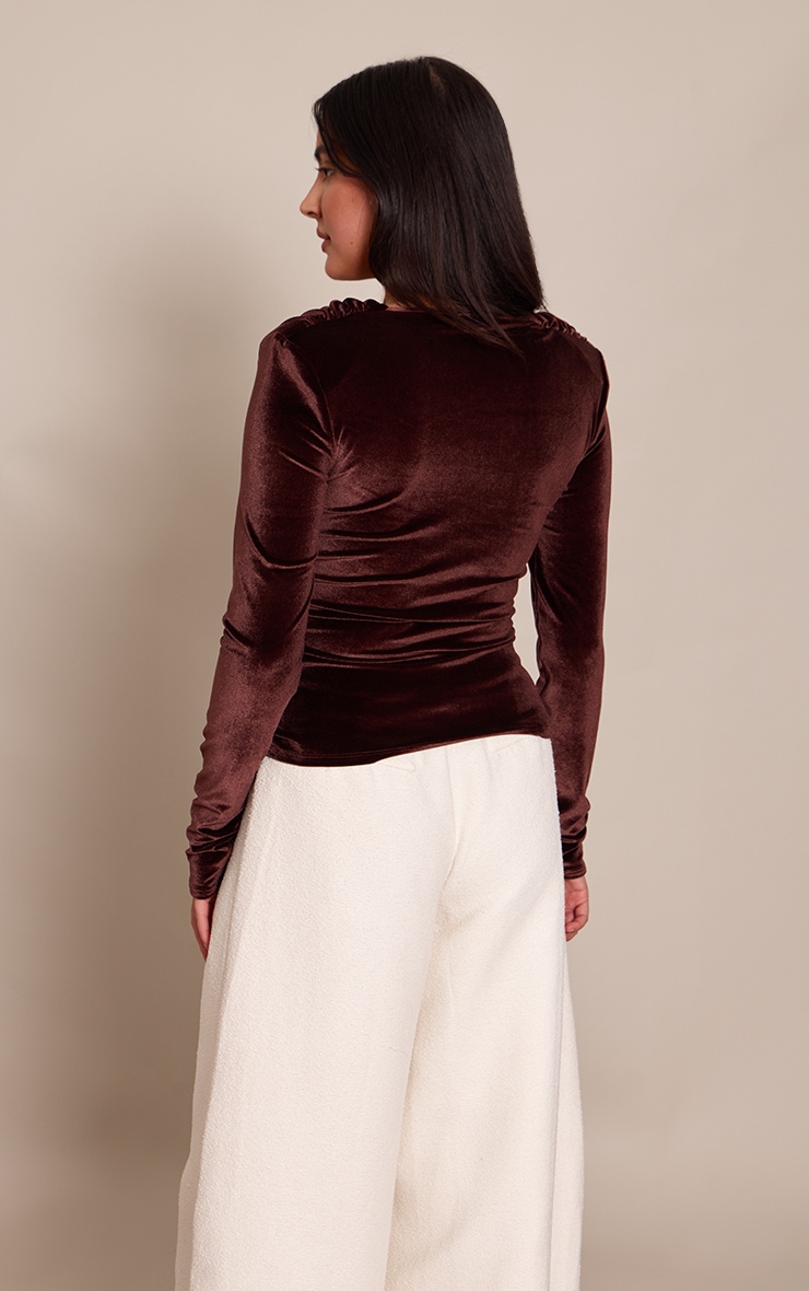 Brown Velvet Cowl Neck Long Sleeve Top image 2