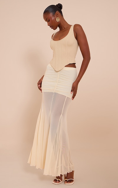 Cream Mesh Overlay Maxi Skirt