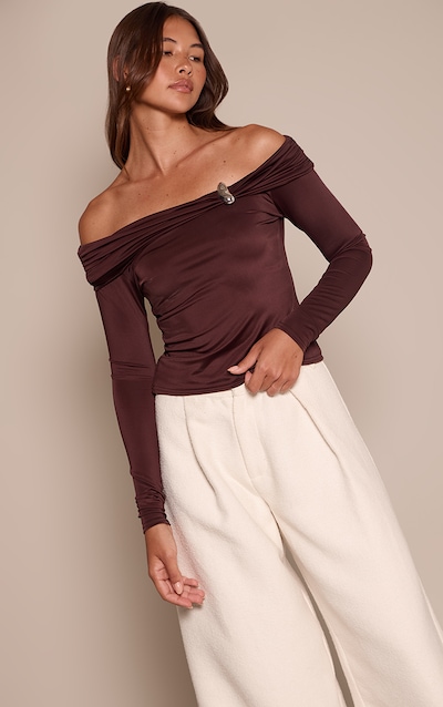 Chocolate Matte Sculpt Trim Detail Bardot Long Sleeve Top