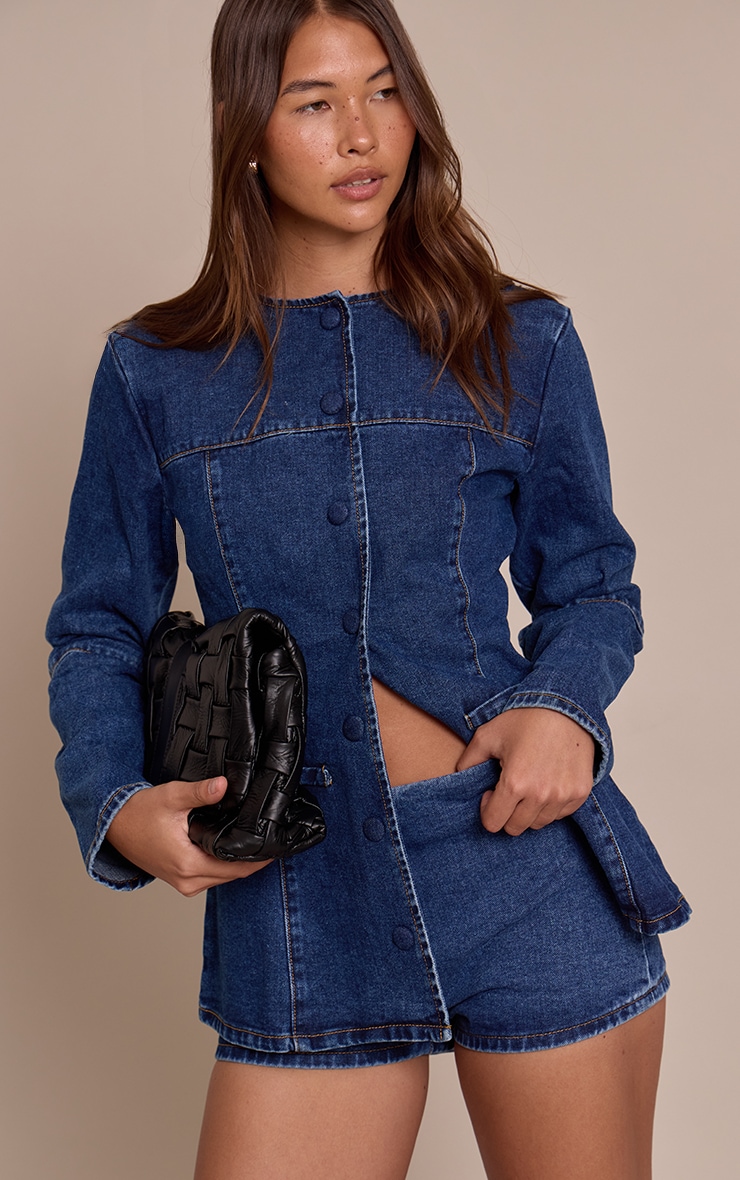 Short en denim taille haute bleu moyen image 2