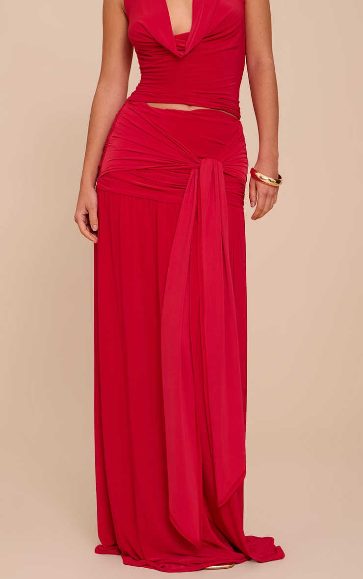Tomato Red Double Layer Slinky Knot Drape Maxi Skirt image 2