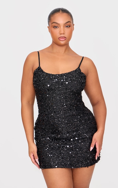 Plus Black Textured Sequin Embellished Mini Dress