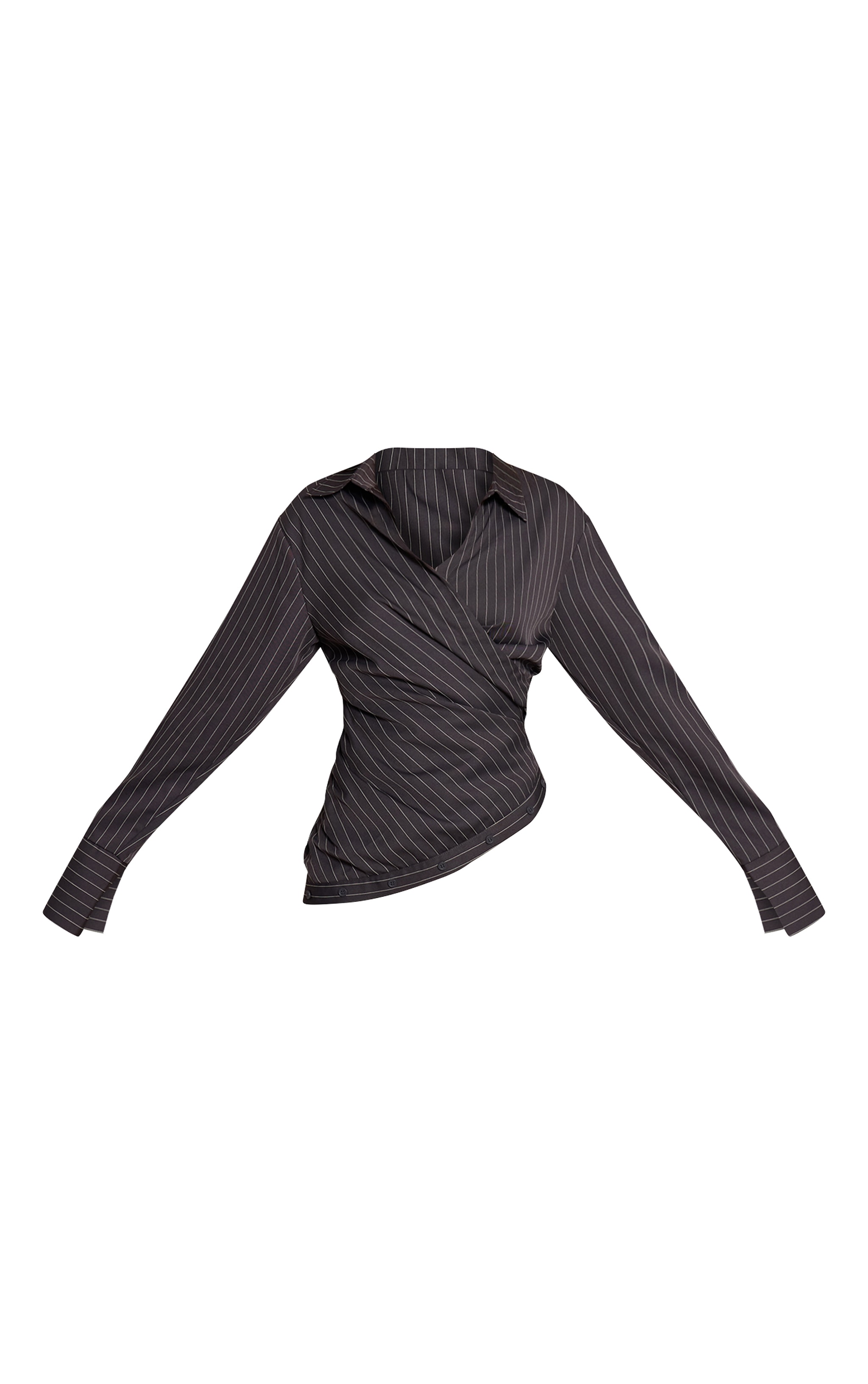 Grey Pinstripe Ruched Wrap Detail Long Sleeve Shirt image 5