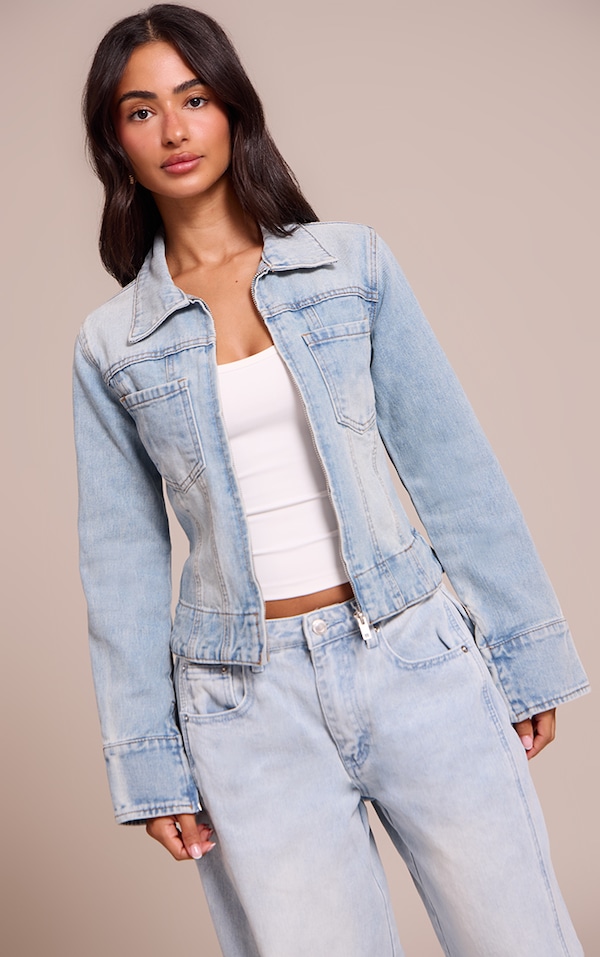 Petite Light Blue Denim Front Zip Fitted Jacket