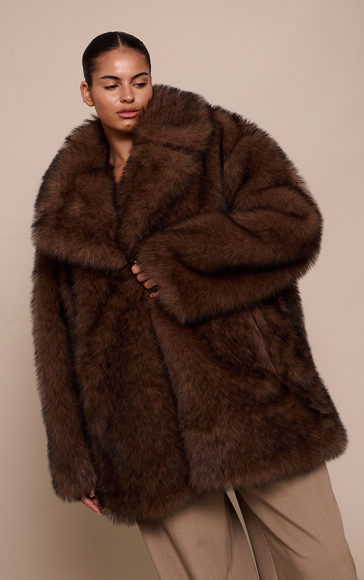 Plus Chocolate Oversized Midi Faux Fur Coat image 1