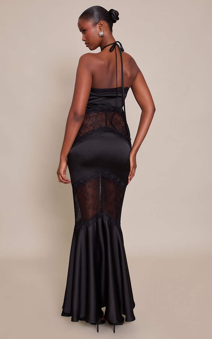 Black Satin Halterneck Lace Maxi Dress image 2
