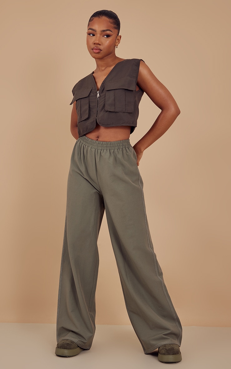 Sage Khaki Cotton Contrast Stitch Wide Leg Trousers