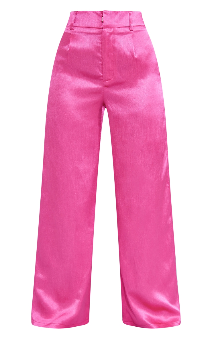 Petite Hot Pink Oversized Satin Feather Cuff Detail Suit Pant image 5