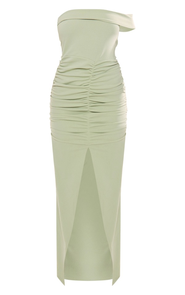 Sage Green One Shoulder Bardot Ruched Midaxi Dress PrettyLittleThing USA