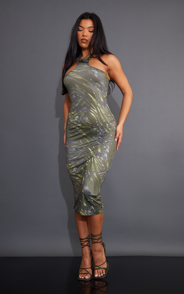 Olive Abstract Print Extreme Racer Midaxi Dress PrettyLittleThing USA