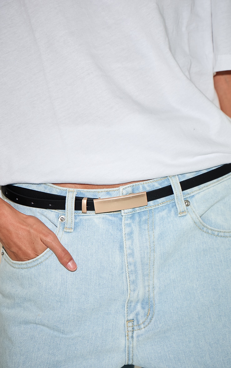 Black PU Elongated Gold Buckle Skinny Belt image 1