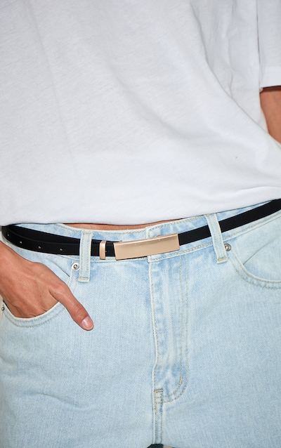 Black PU Elongated Gold Buckle Skinny Belt