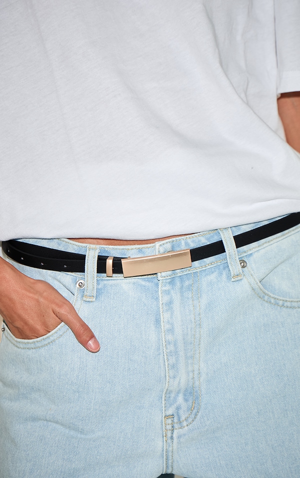 Black PU Elongated Gold Buckle Skinny Belt