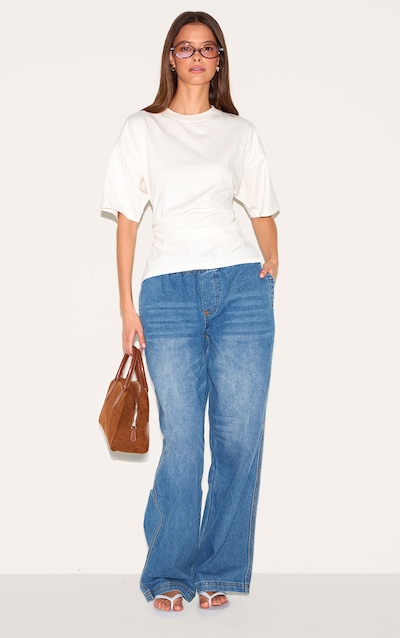 Mid Blue Elasticated Waistband Wide Leg Jeans