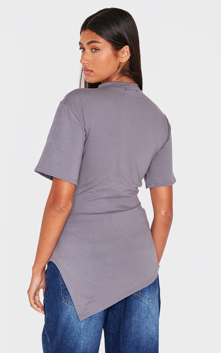 Charcoal Cotton Ruched Side Asymmetric Hem T-shirt image 2