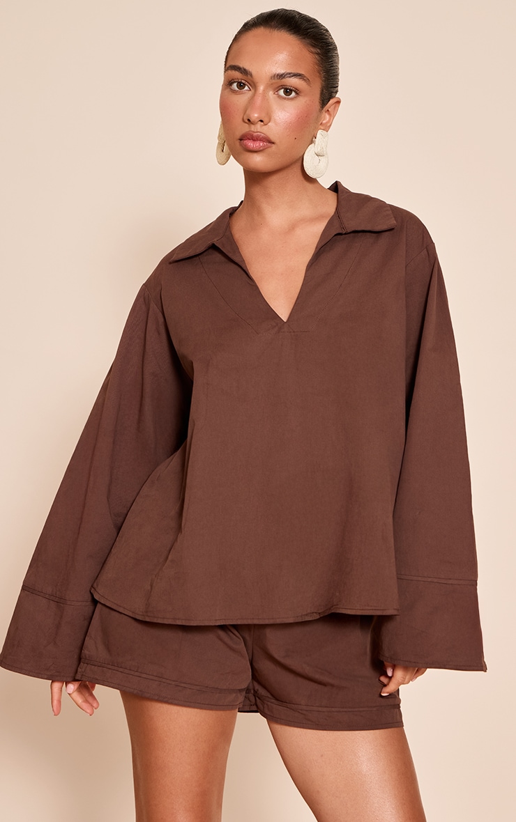  Chocolate Cotton Woven Boxy Long Sleeve Collar Top image 1