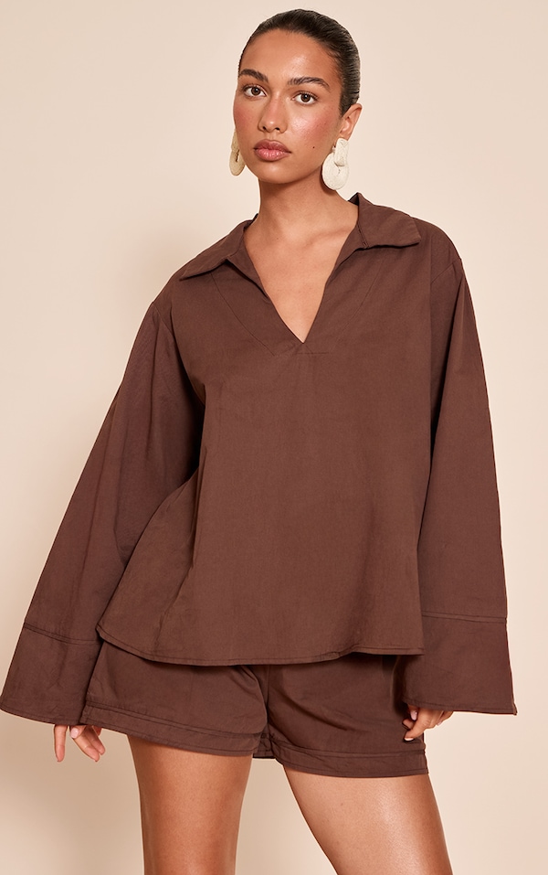  Chocolate Cotton Woven Boxy Long Sleeve Collar Top