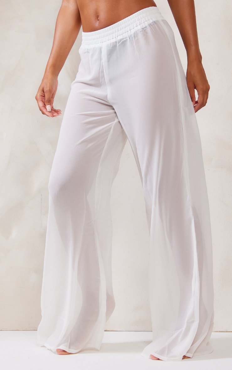 White Chiffon Elasticated Waist Beach Wide Leg Trousers image 2