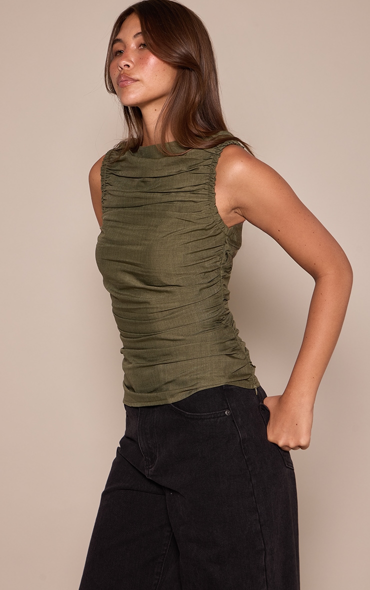Khaki Woven Sleeveless Ruched Detail Top  image 4