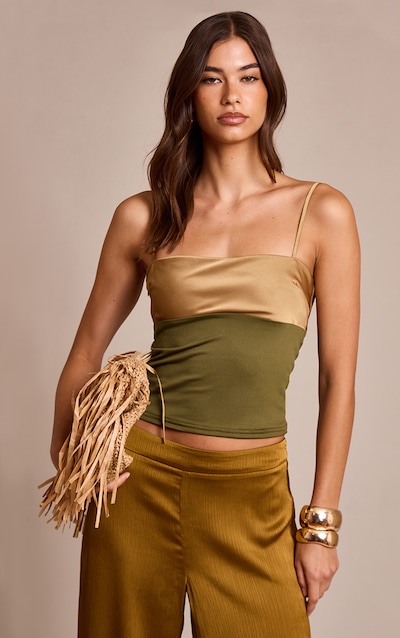Olive Contrast Bust Panel Strappy Cami Top