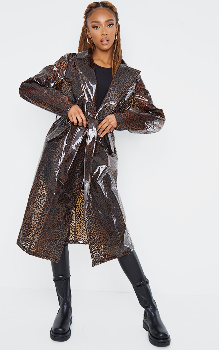 Brown Leopard Print Plastic Trench