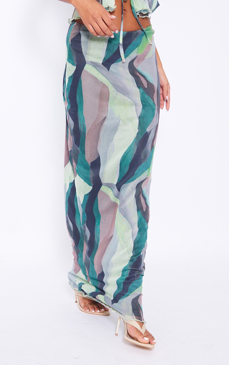 Mint Abstract Print Mesh Low Rise Midaxi Skirt image 2