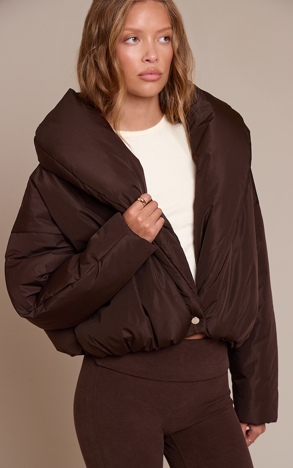 Dark Chocolate Exaggerated Collar Shell Puffer Jacket