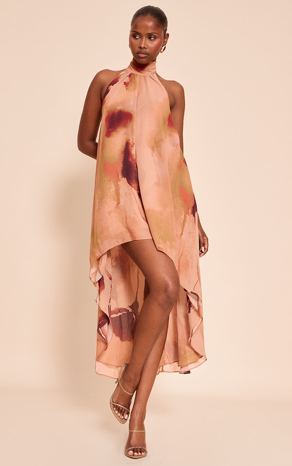 Pink Floral Chiffon High Neck Smock Dress