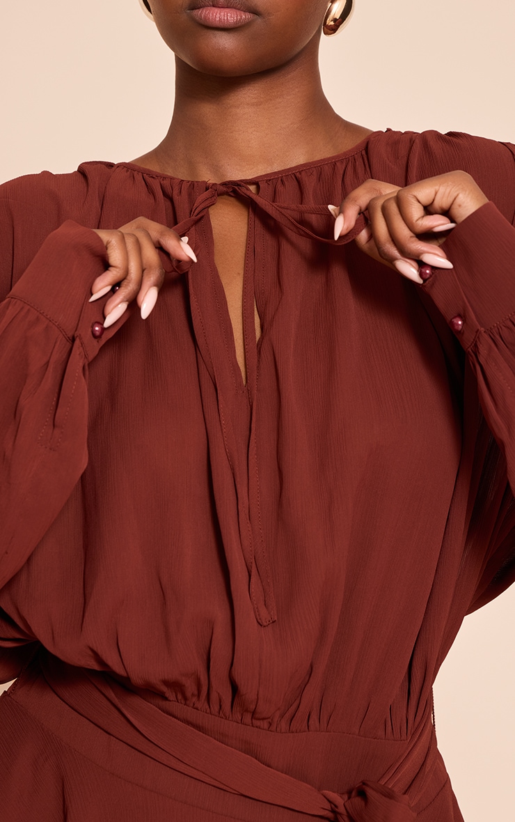 Chocolate Chiffon Belt Wrap Mini Shift Dress image 4
