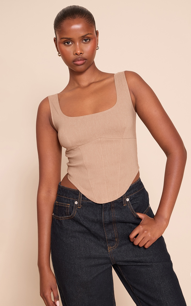 Mushroom Marl Stretch Woven Square Neck Corset Top image 1