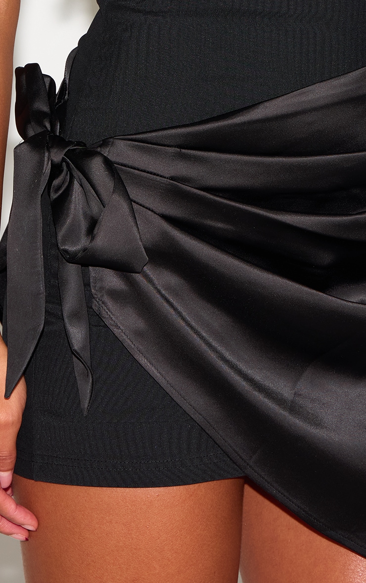 Black Woven High Neck Satin Drape Mini Dress image 4
