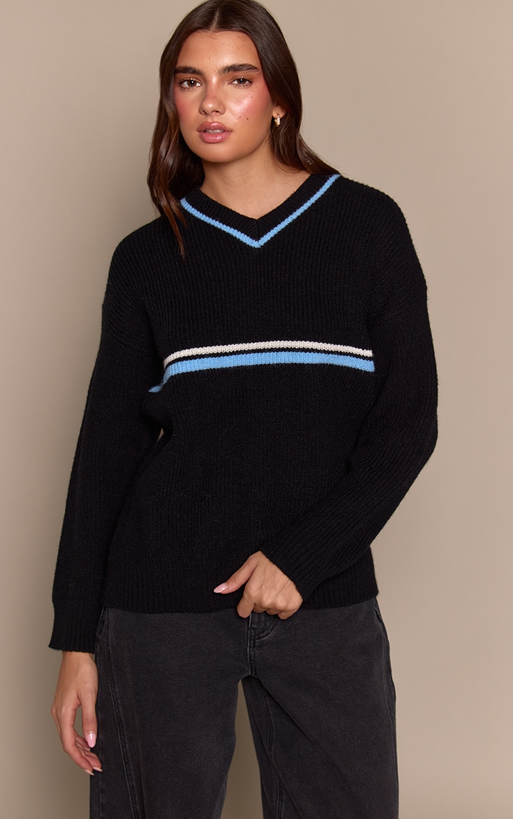 Black V Neck Stripe Sporty Jumper image 1