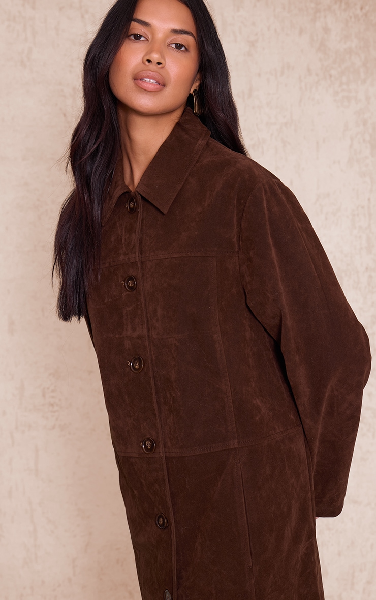 Chocolate Suede Longline Button Coat image 4