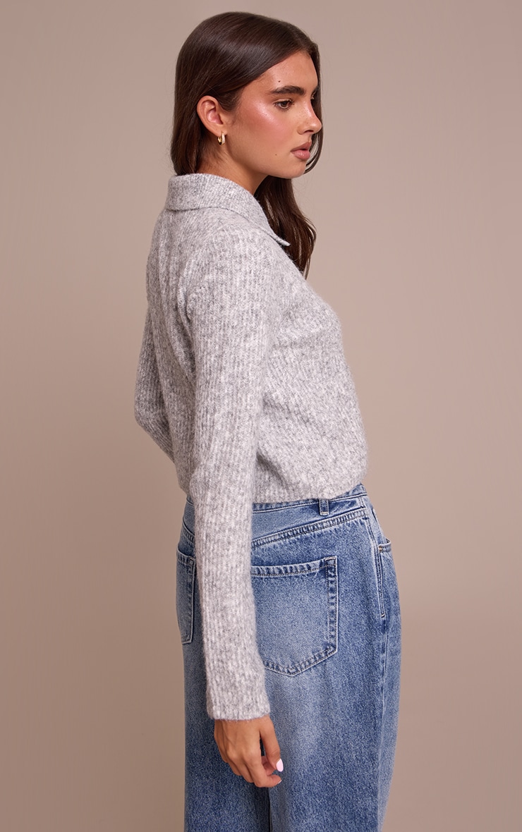 Grey Marl Soft Textured Knit Button Up Collar Detail Cardigan image 2